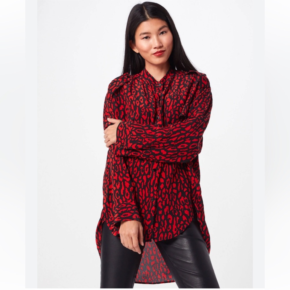 The Kooples Red Leopard Mandarin Collar Shirt - NEW, Large